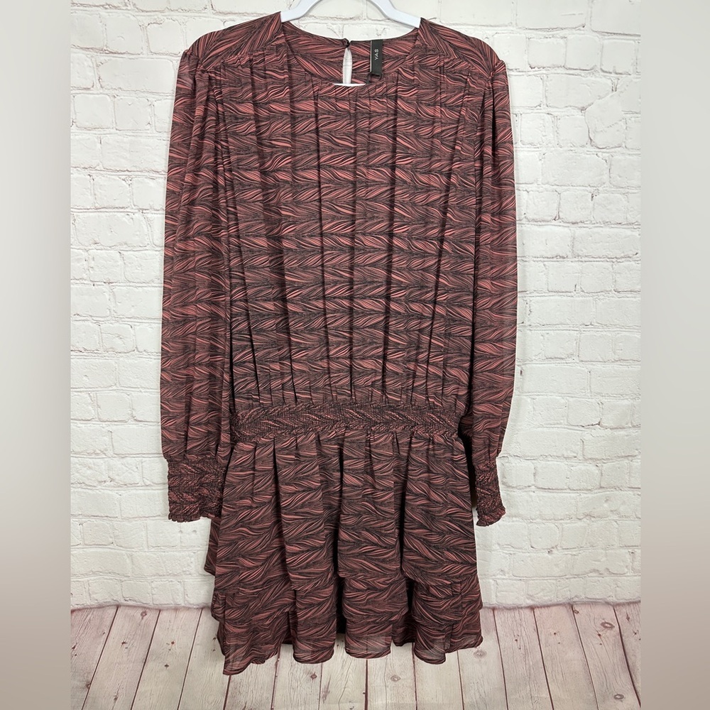 YAS Rush sheer long sleeve‎ pleated drop waist tiered dress, sz XL, NWT $129